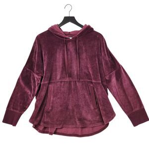 DKNY Women's Velour Hoodie Tunic Medium Maroon Pull Over Tulip Hem Dolman Sleeve